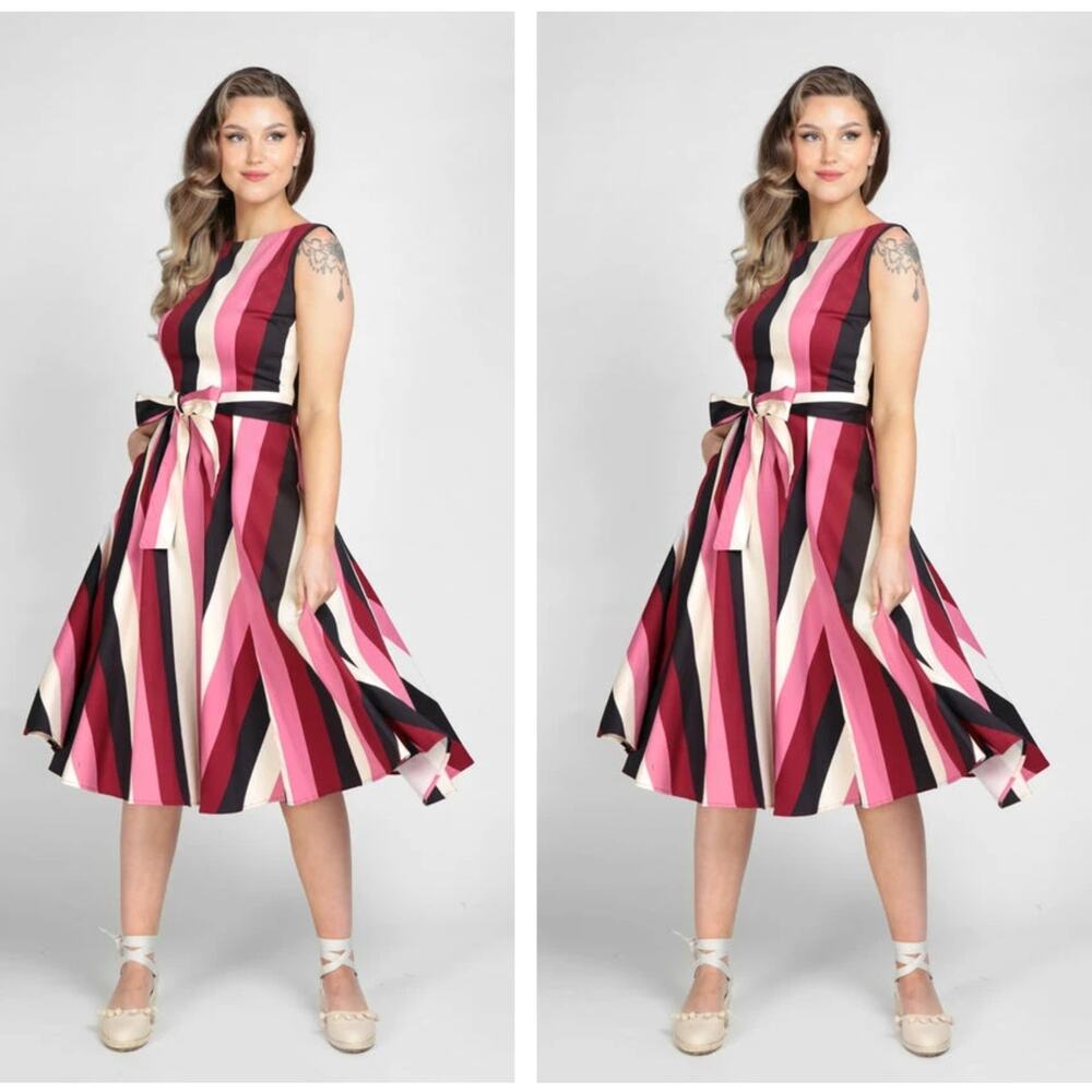 COLLECTIF Frances Bubble Gum Stripe Swing Midi Dress Sz 18 {3W47}